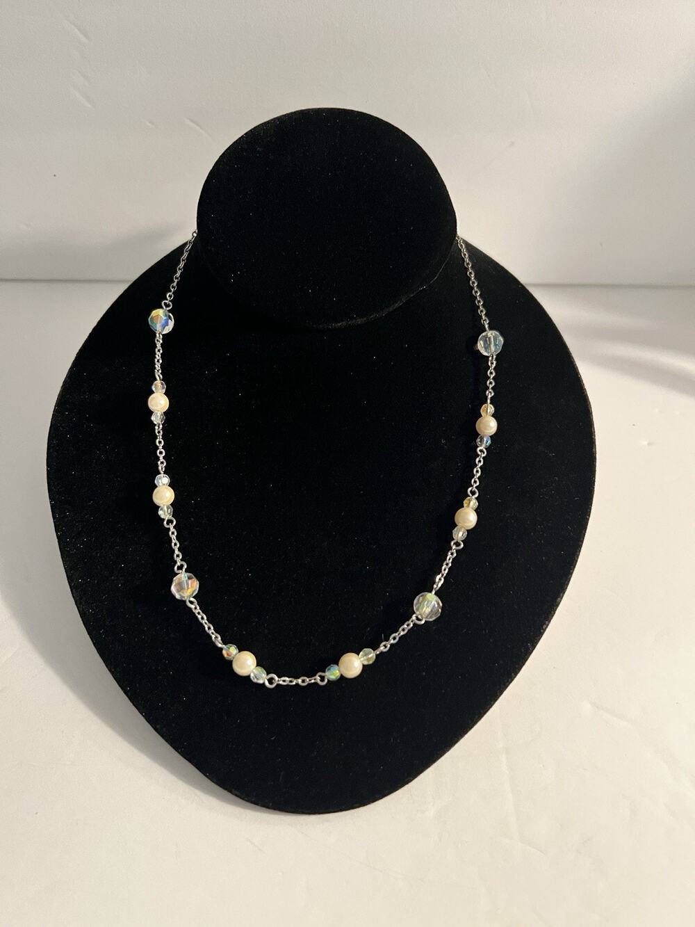 Floating Faux Pearl Necklace Swarovski Crystal Bead Silver Plated Dainty Wedding